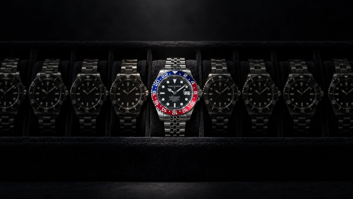 Une montre unique au milieu d’une rangée de montres identiques