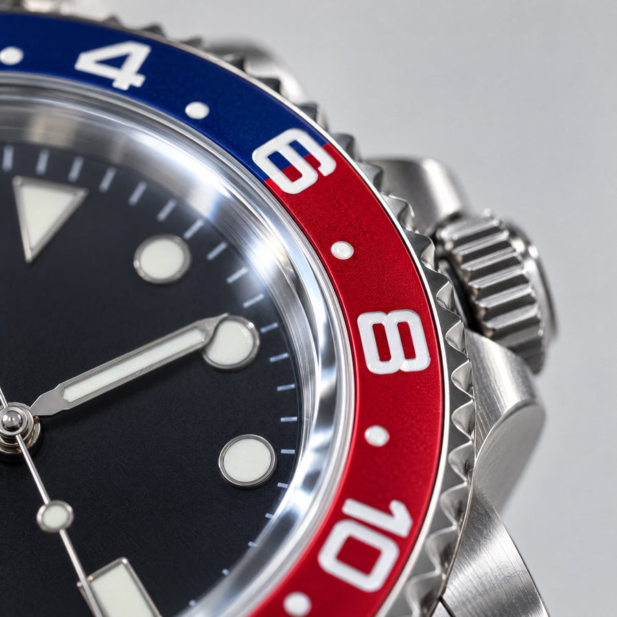Lunette bleue et rouge et verre saphir