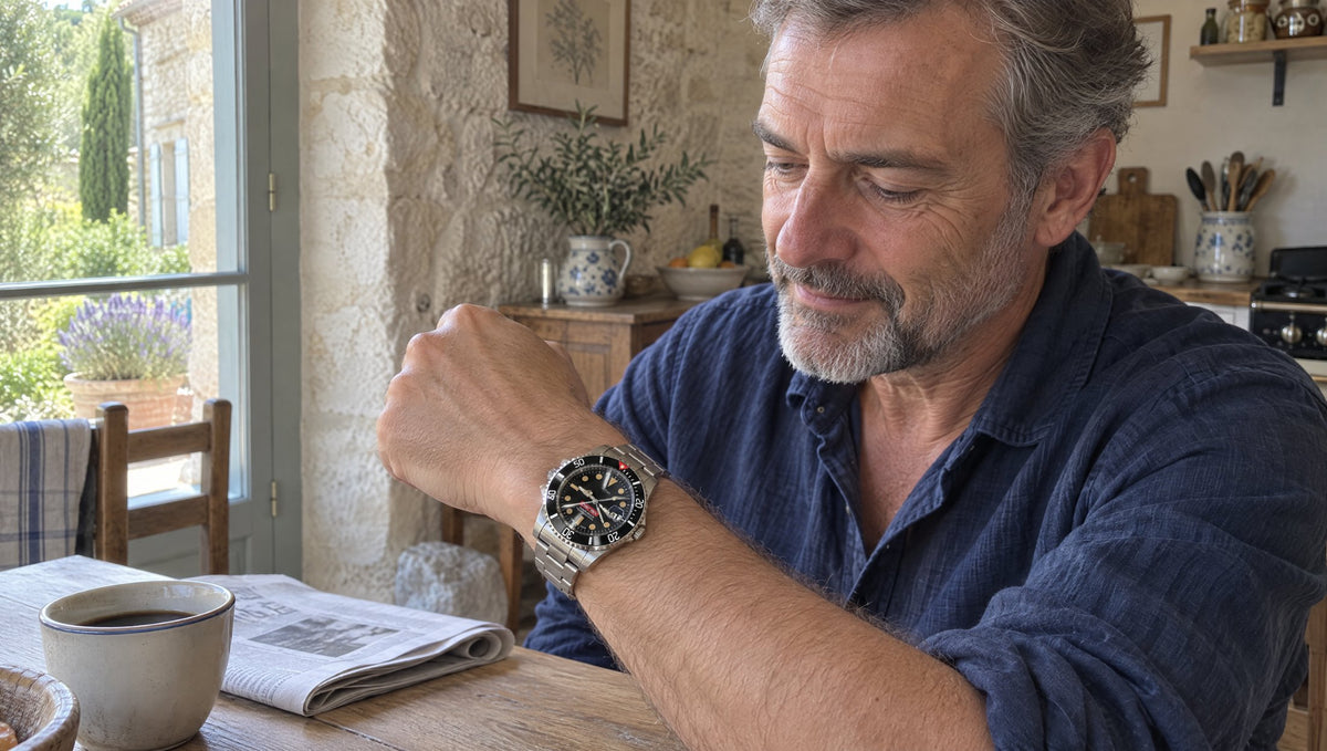Un homme règle la montre à son poignet dans sa cuisine en Provence